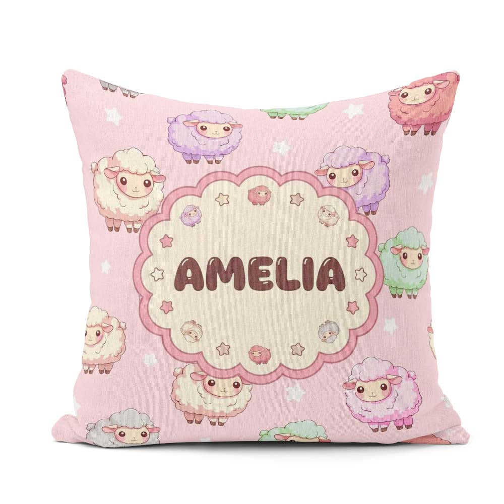 Custom Name Cute Pastel Sheep Stars Pink Background Pattern Name Square Filled Cushion Throw Pillow Sofa Bed Home Decor Zip Washable UK Made