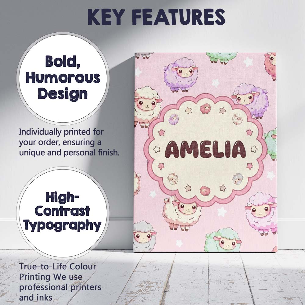 Personalised Name Cute Pastel Sheep Stars Custom  Unique Gift Idea Elegant Feature Canvas Wall Art Print Decor Picture Ready to Hang