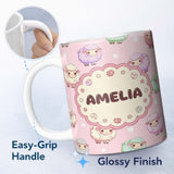 Personalized Custom Name Cute Pastel Sheep Stars Pink Background Seamless Pattern Name 11oz Ceramic Coffee Tea Mug White Large Handle