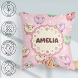 Custom Name Cute Pastel Sheep Stars Pink Background Pattern Name Square Filled Cushion Throw Pillow Sofa Bed Home Decor Zip Washable UK Made