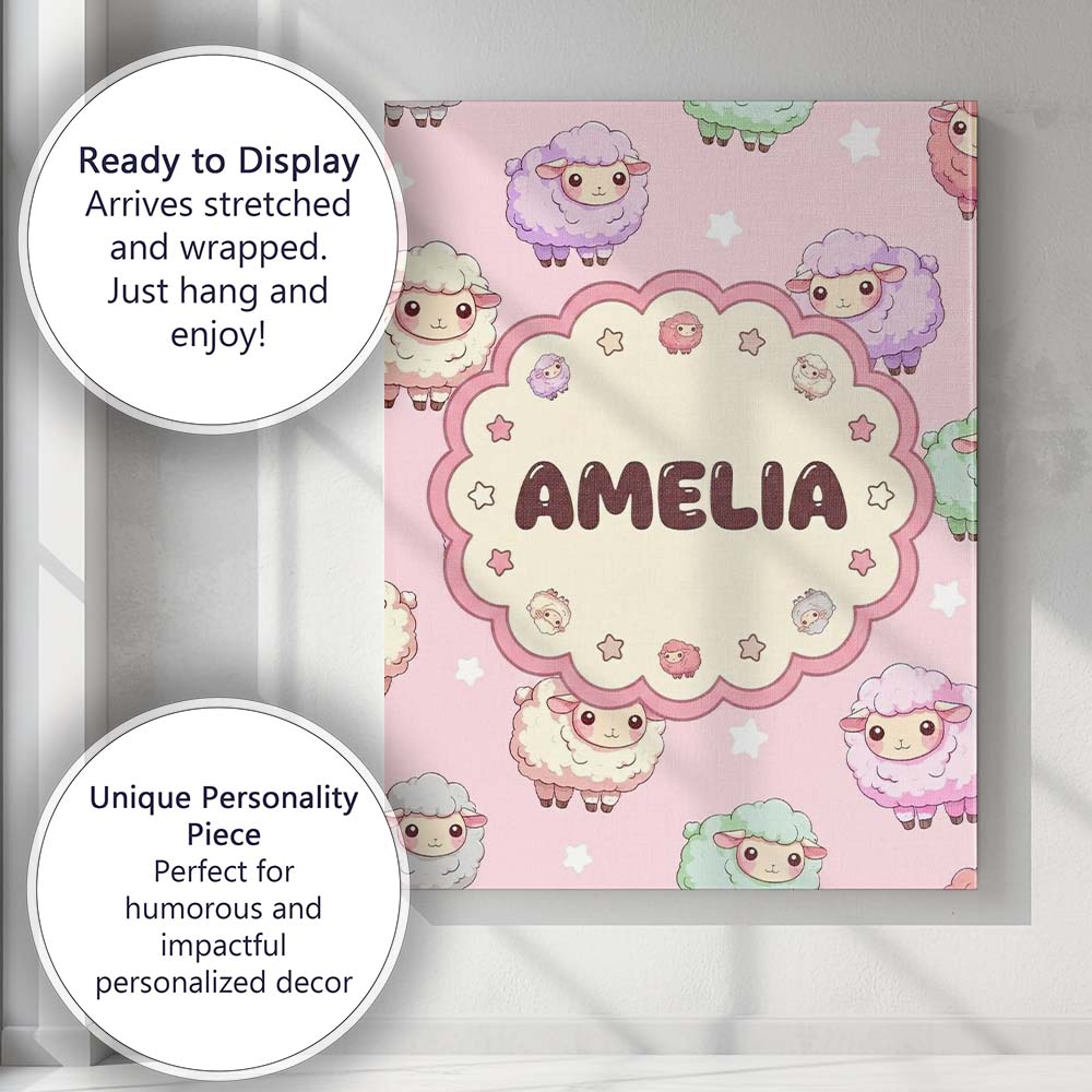 Personalised Name Cute Pastel Sheep Stars Custom  Unique Gift Idea Elegant Feature Canvas Wall Art Print Decor Picture Ready to Hang