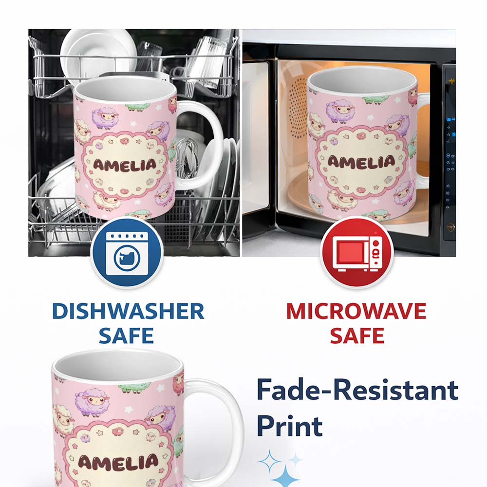 Personalized Custom Name Cute Pastel Sheep Stars Pink Background Seamless Pattern Name 11oz Ceramic Coffee Tea Mug White Large Handle