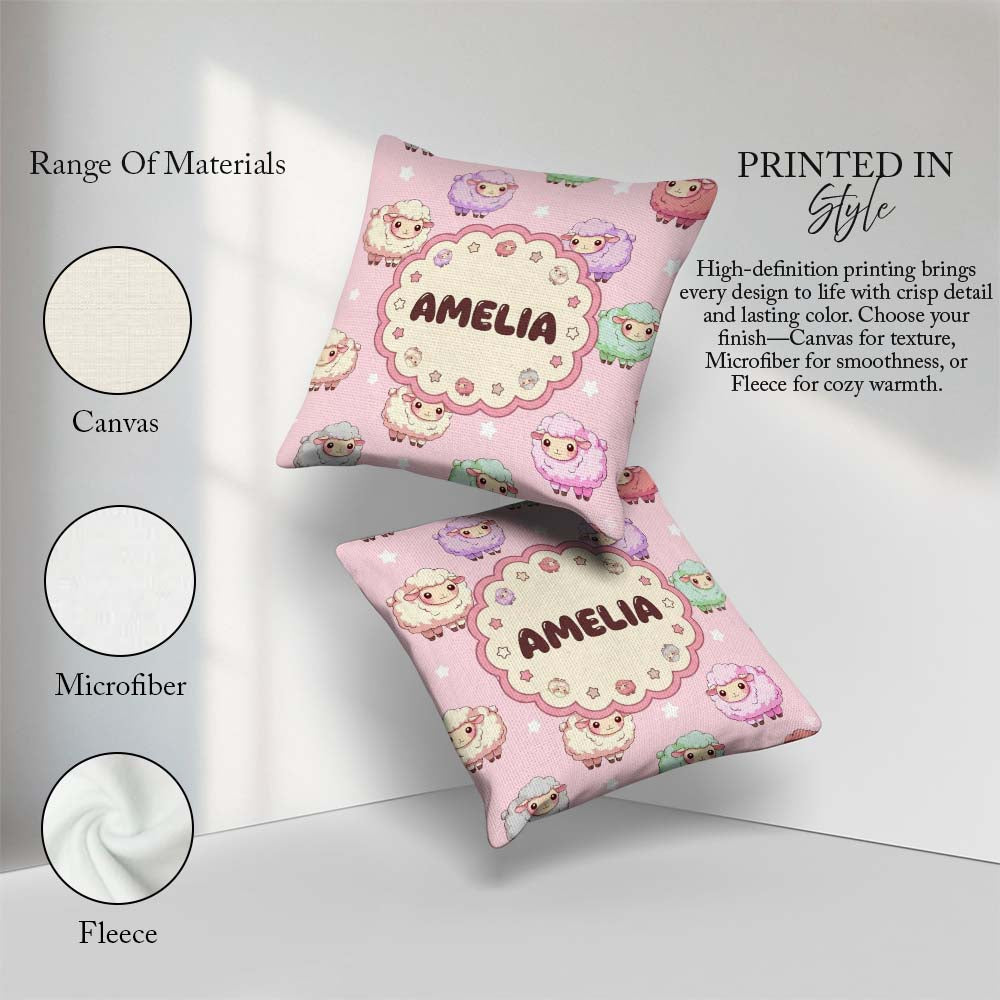 Custom Name Cute Pastel Sheep Stars Pink Background Pattern Name Square Filled Cushion Throw Pillow Sofa Bed Home Decor Zip Washable UK Made