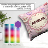 Custom Name Cute Pastel Sheep Stars Pink Background Pattern Name Square Filled Cushion Throw Pillow Sofa Bed Home Decor Zip Washable UK Made