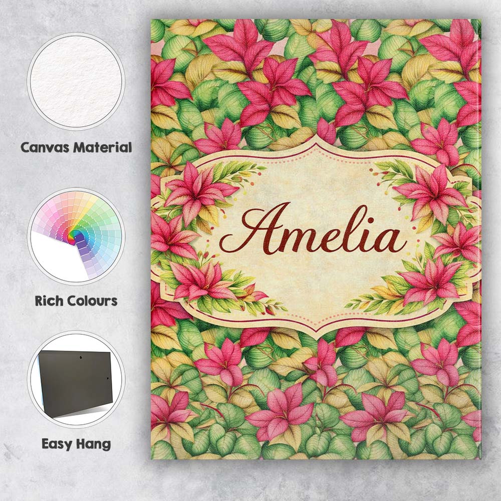 Personalised Name Vibrant Pink Green Tropical Leaves Seamless Custom Contemporary Display Canvas Wall Art Print Decor Picture Ready to Hang