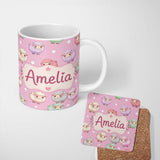 Personalized Custom Name Cute Pastel Sheep Stars Pink Background Seamless Pattern Name 11oz Ceramic Coffee Tea Mug White Large Handle