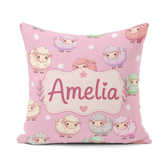 Custom Name Cute Pastel Sheep Stars Pink Background Pattern Name Square Filled Cushion Throw Pillow Sofa Bed Home Decor Zip Washable UK Made