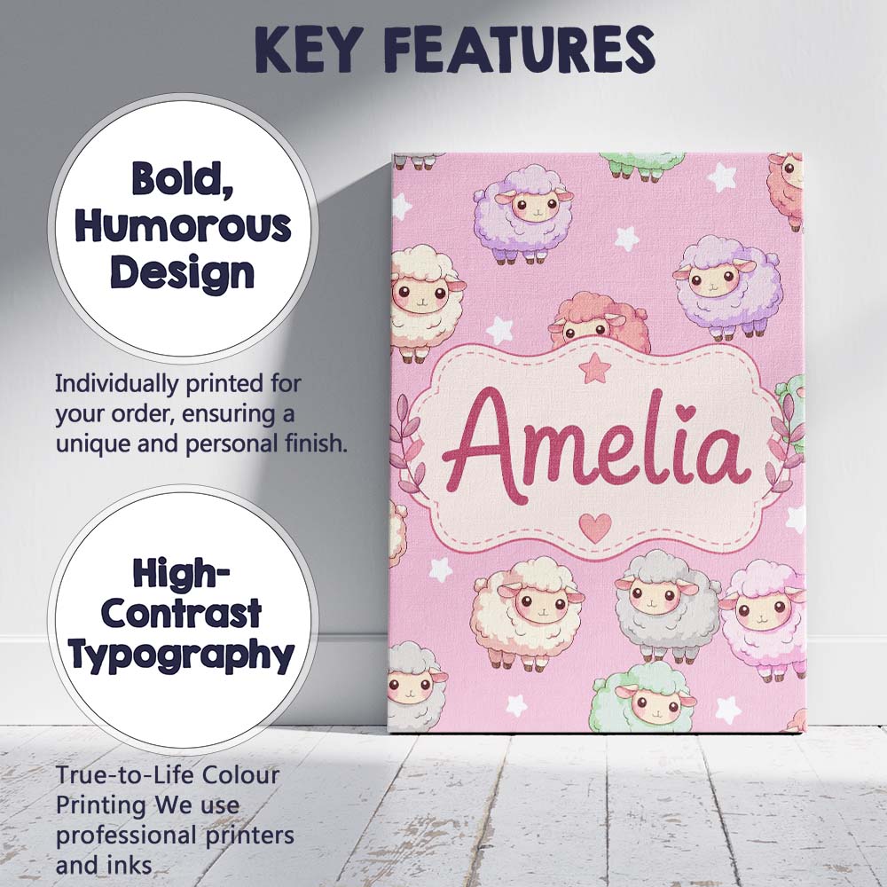 Personalised Name Cute Pastel Sheep Stars Custom  Unique Gift Idea Elegant Feature Canvas Wall Art Print Decor Picture Ready to Hang