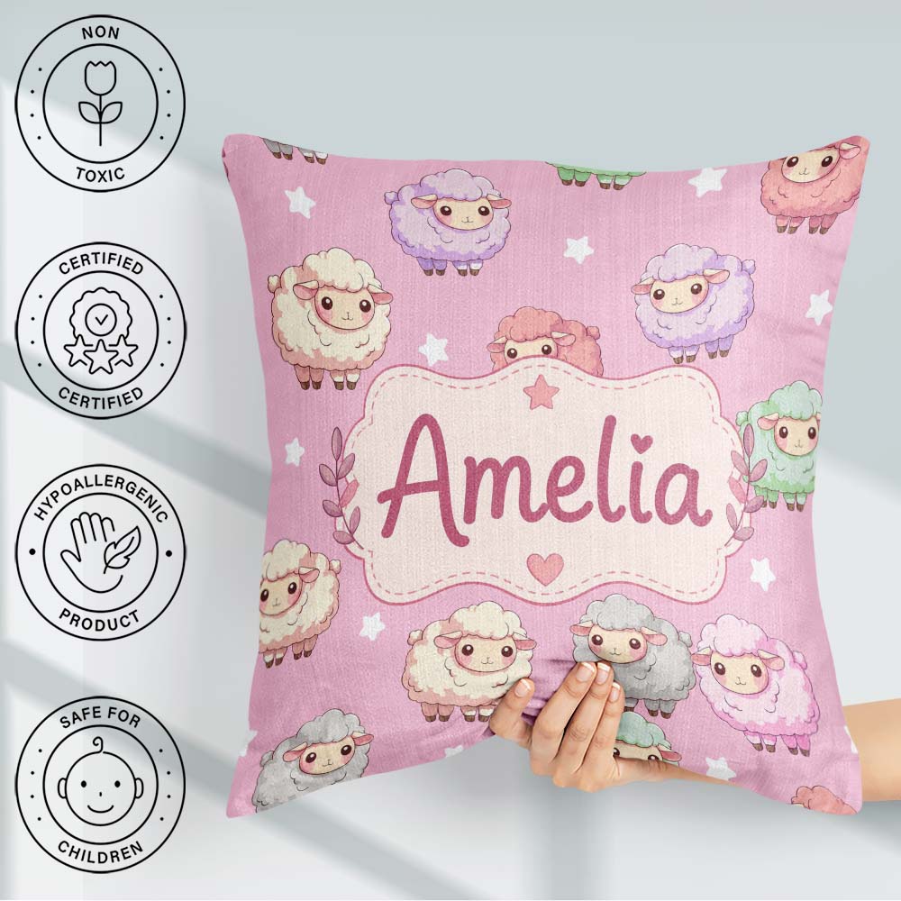 Custom Name Cute Pastel Sheep Stars Pink Background Pattern Name Square Filled Cushion Throw Pillow Sofa Bed Home Decor Zip Washable UK Made