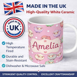 Personalized Custom Name Cute Pastel Sheep Stars Pink Background Seamless Pattern Name 11oz Ceramic Coffee Tea Mug White Large Handle