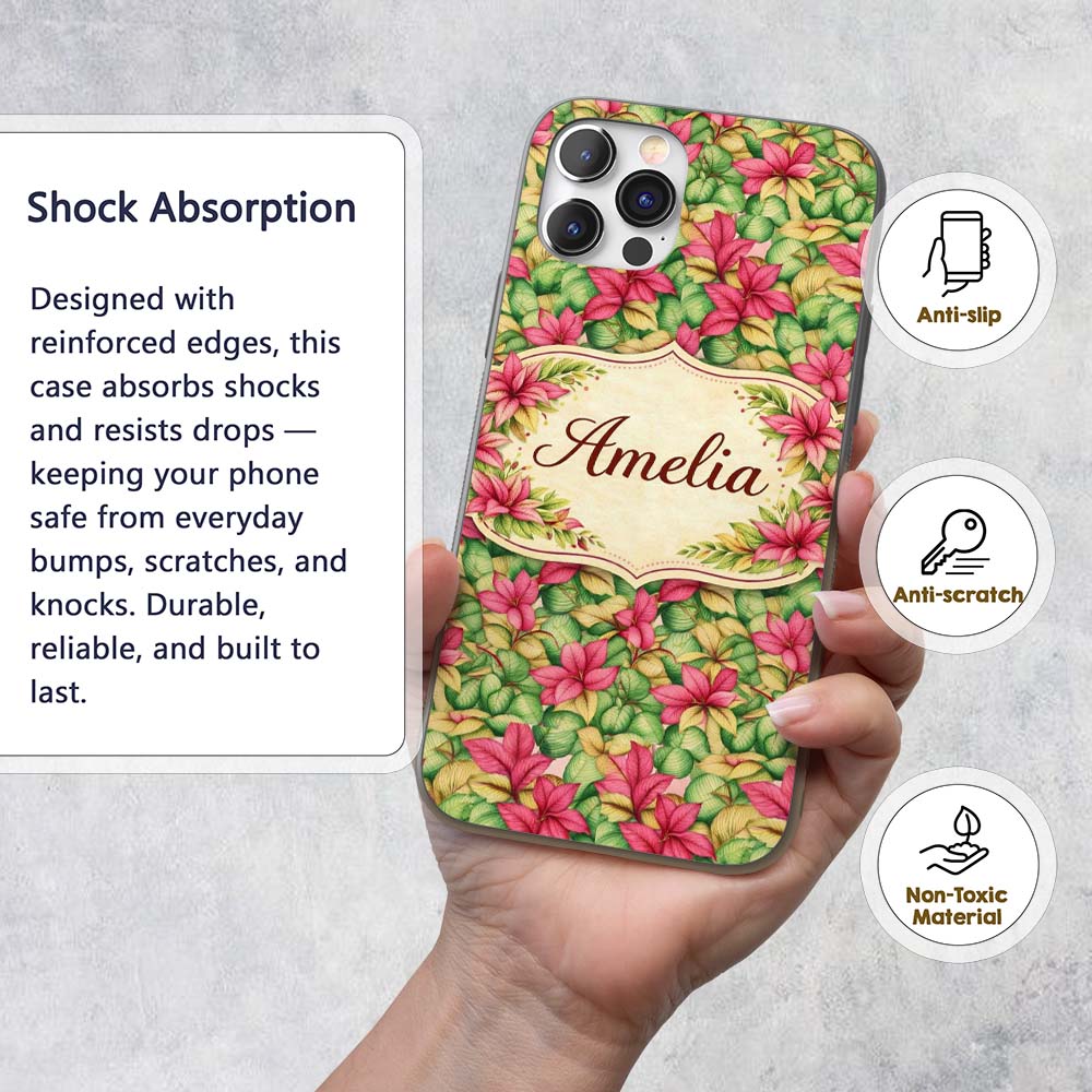 Vibrant Pink Green Tropical Leaves Printed Design Custom Name Protective Phone Case Mobile Cover Durable Everyday Smartphone Shock Resistant