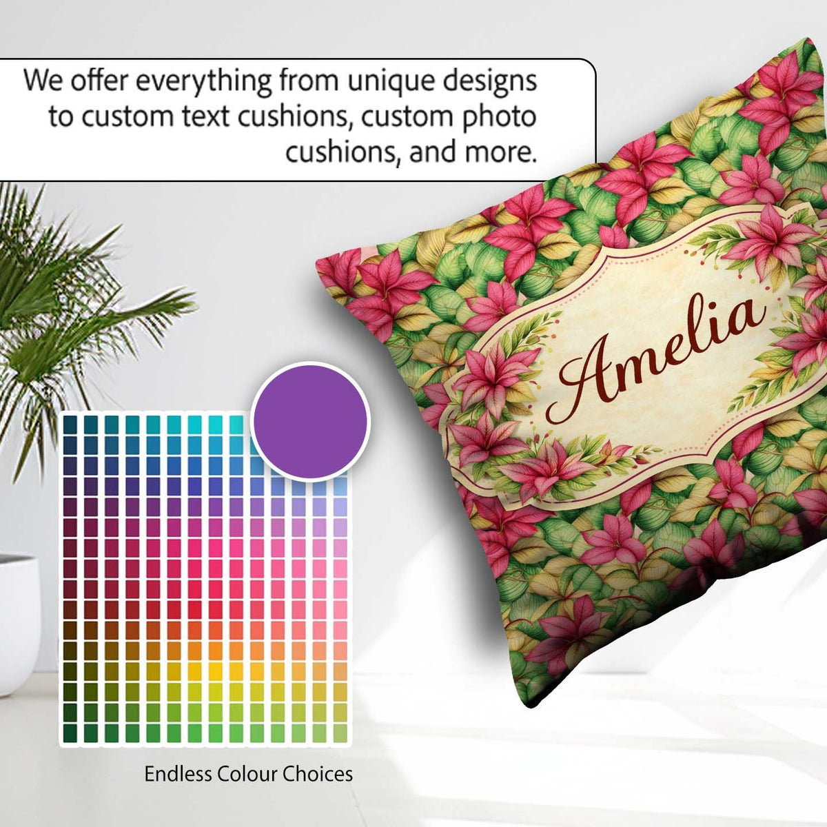 Custom Name Vibrant Pink Green Tropical Leaves Seamless Pattern Square Filled Cushion Throw Pillow Sofa Bed Home Decor Zip Washable UK Made
