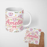 Personalized Custom Name Cute Pastel Sheep Stars Grey Background Seamless Pattern Name 11oz Ceramic Coffee Tea Mug White Large Handle