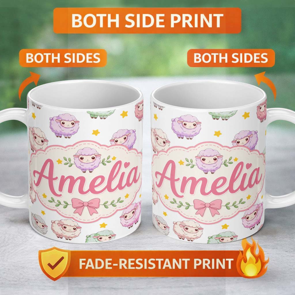 Personalized Custom Name Cute Pastel Sheep Stars Grey Background Seamless Pattern Name 11oz Ceramic Coffee Tea Mug White Large Handle
