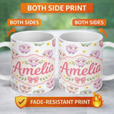 Personalized Custom Name Cute Pastel Sheep Stars Grey Background Seamless Pattern Name 11oz Ceramic Coffee Tea Mug White Large Handle