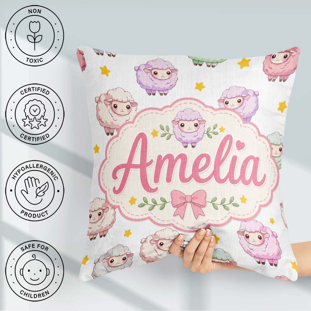 Custom Name Cute Pastel Sheep Stars Grey Background Pattern Name Square Filled Cushion Throw Pillow Sofa Bed Home Decor Zip Washable UK Made