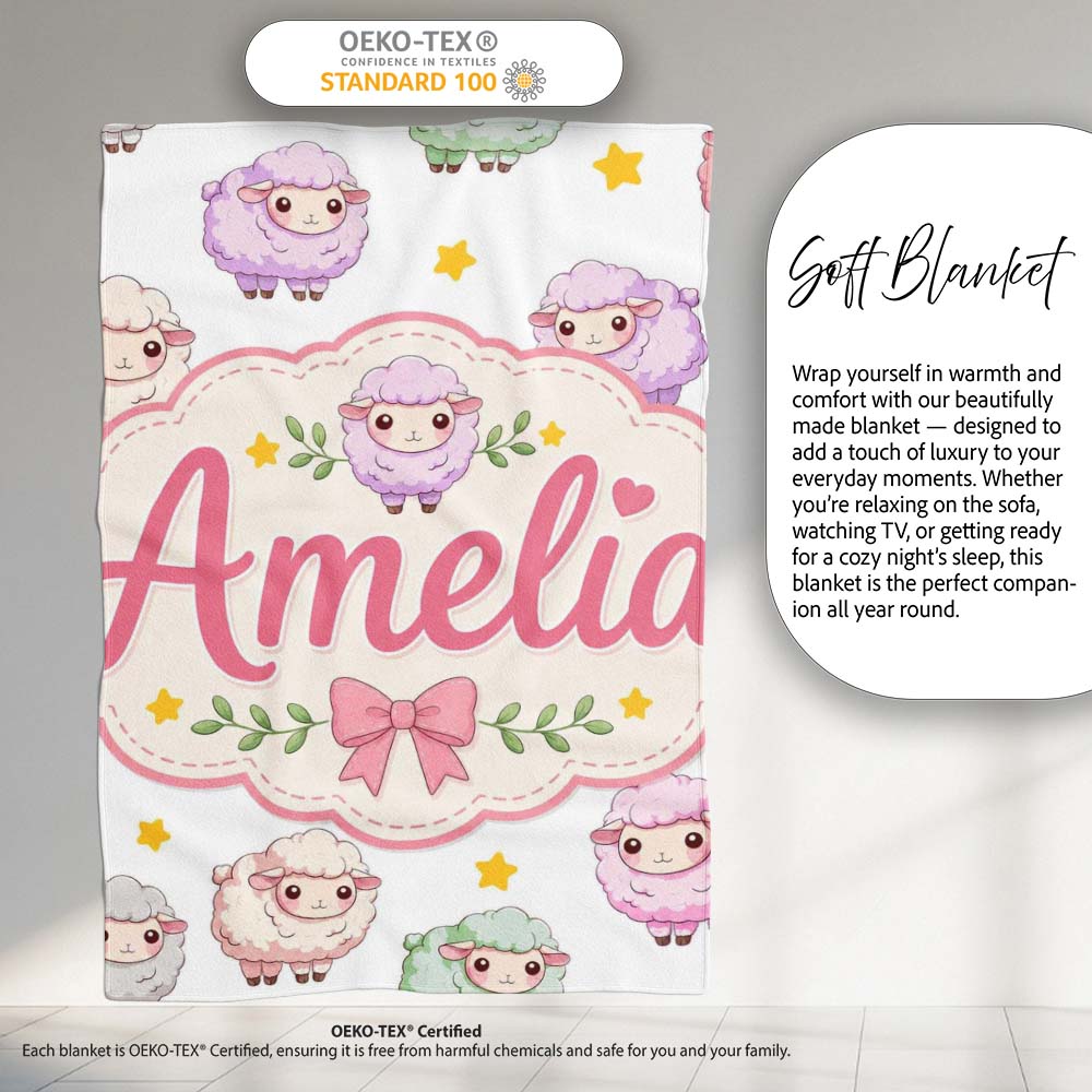 Cute Pastel Sheep Stars Grey Background Seamless Pattern Name  Personalised Custom Name Super Soft Fleece Blanket Bed Sofa Throw