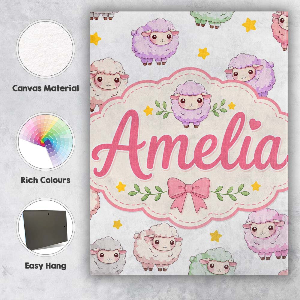 Personalised Name Cute Pastel Sheep Stars Custom  Unique Gift Idea Elegant Feature Canvas Wall Art Print Decor Picture Ready to Hang