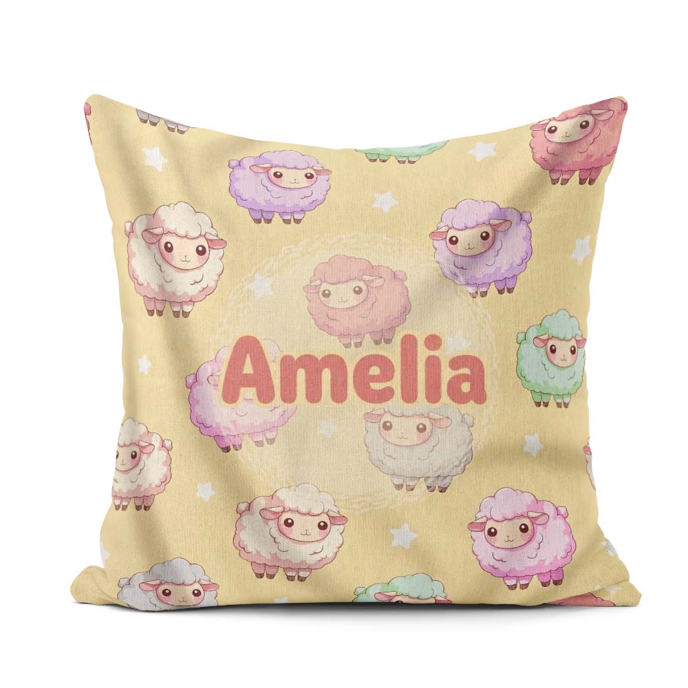 Custom Name Cute Pastel Sheep Stars Yellow Seamless Pattern Name Square Filled Cushion Throw Pillow Sofa Bed Home Decor Zip Washable UK Made