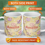 Personalized Custom Name Cute Pastel Sheep Stars Yellow Background Seamless Pattern Name 11oz Ceramic Coffee Tea Mug White Large Handle