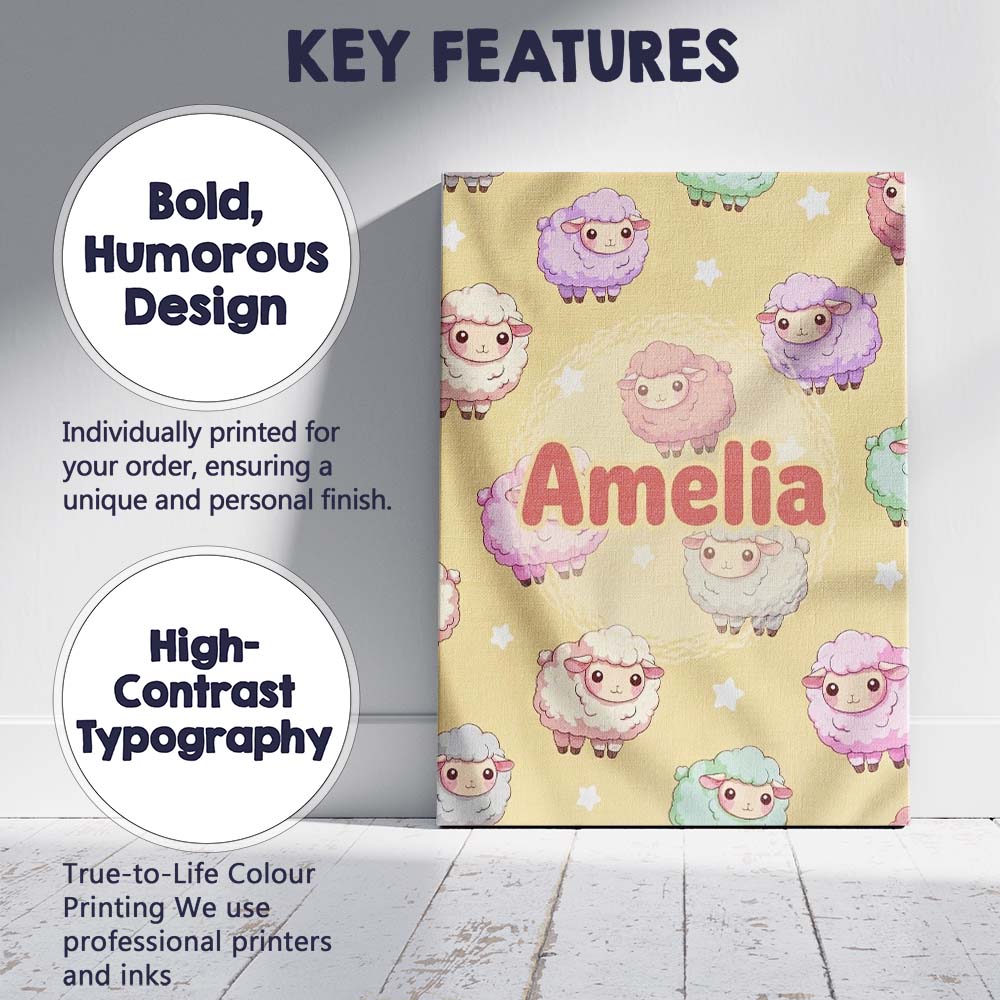 Personalised Name Cute Pastel Sheep Stars Custom  Unique Gift Idea Elegant Feature Canvas Wall Art Print Decor Picture Ready to Hang