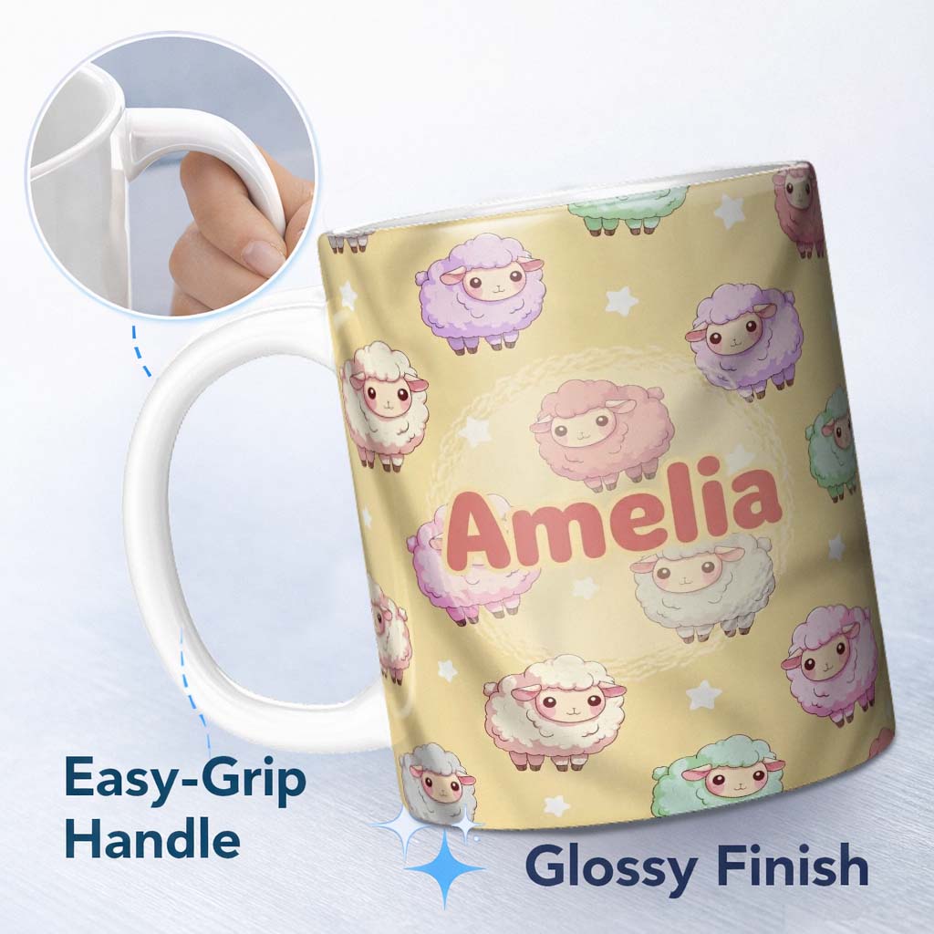 Personalized Custom Name Cute Pastel Sheep Stars Yellow Background Seamless Pattern Name 11oz Ceramic Coffee Tea Mug White Large Handle