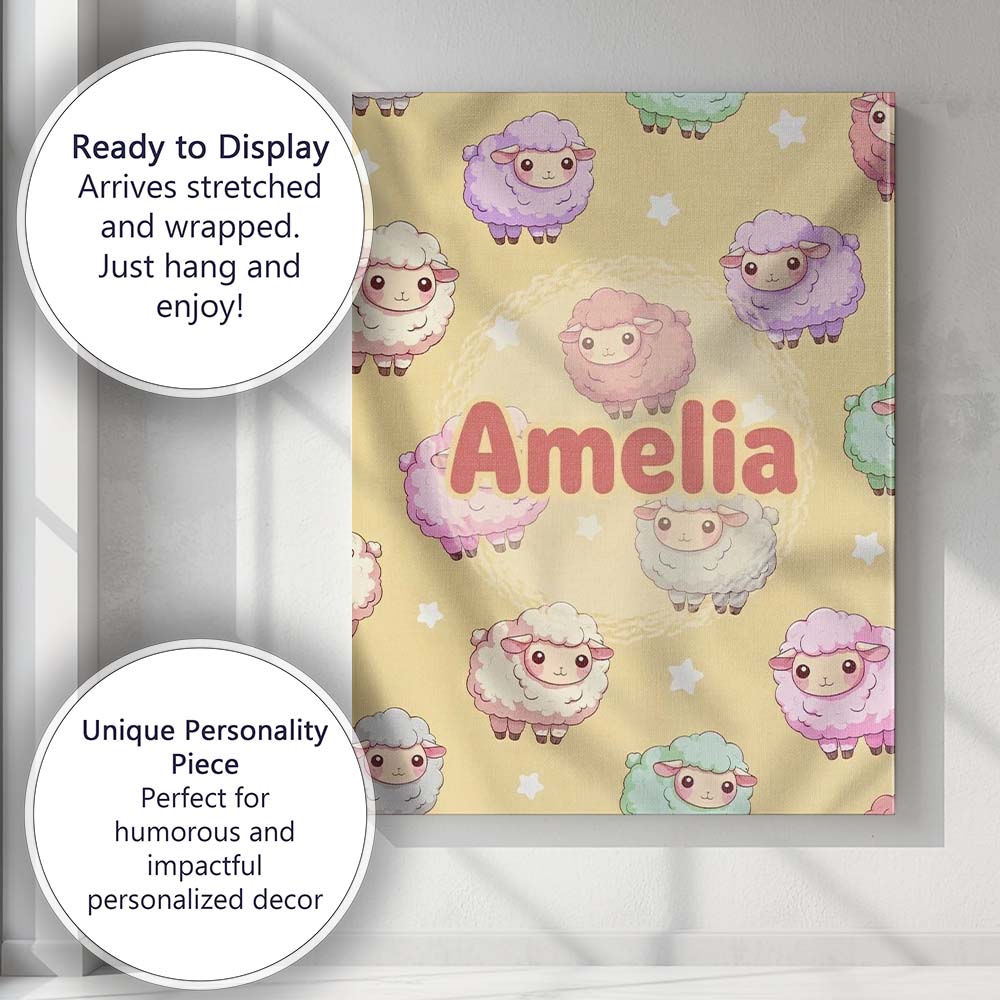 Personalised Name Cute Pastel Sheep Stars Custom  Unique Gift Idea Elegant Feature Canvas Wall Art Print Decor Picture Ready to Hang