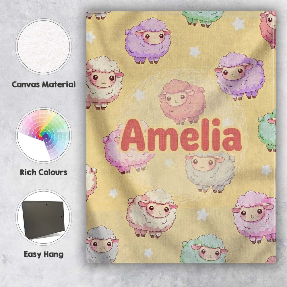 Personalised Name Cute Pastel Sheep Stars Custom  Unique Gift Idea Elegant Feature Canvas Wall Art Print Decor Picture Ready to Hang