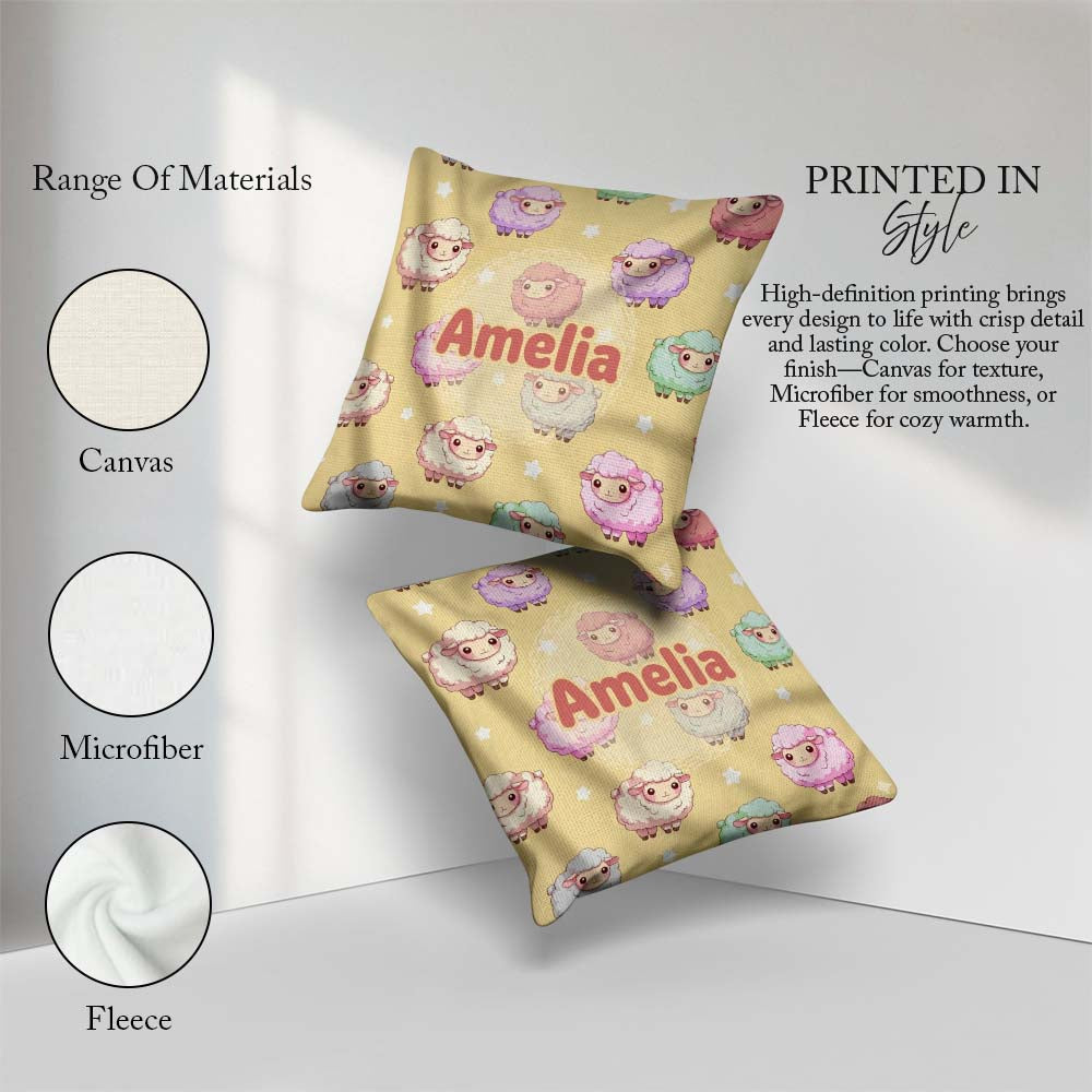 Custom Name Cute Pastel Sheep Stars Yellow Seamless Pattern Name Square Filled Cushion Throw Pillow Sofa Bed Home Decor Zip Washable UK Made