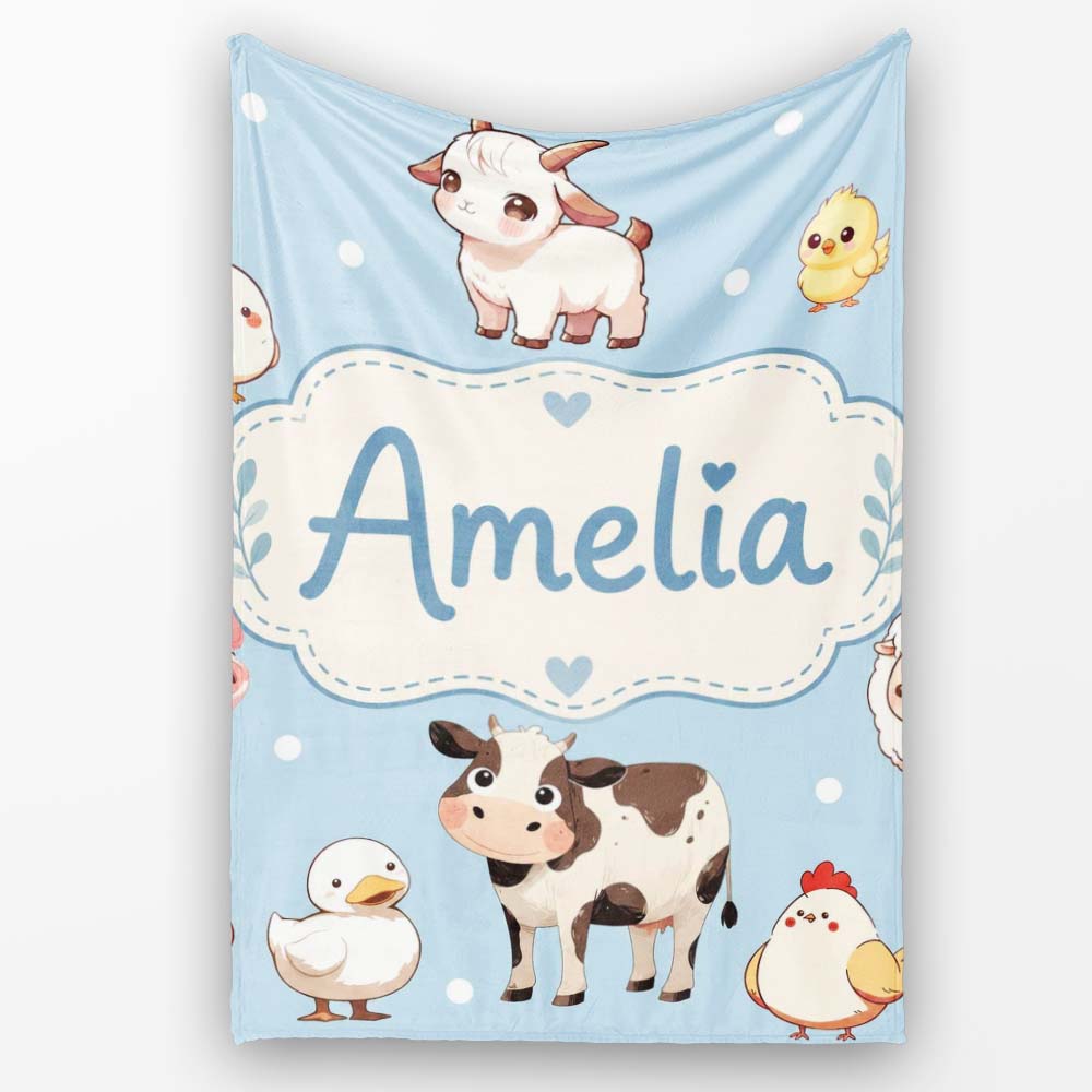 Cute Farm Animals Cow Goat Pig Chicken Blue Seamless Pattern Name  Personalised Custom Name Super Soft Fleece Blanket Bed Sofa Throw