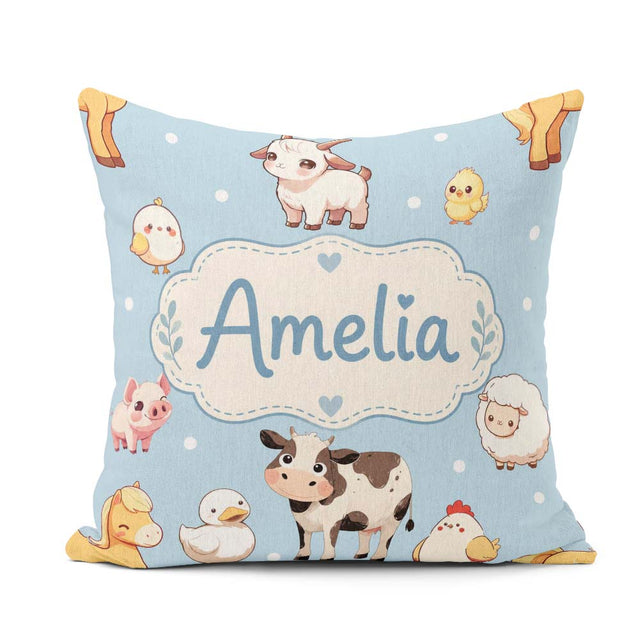 Custom Name Farm Animals Cow Goat Pig Chicken Blue Seamless Name Square Filled Cushion Throw Pillow Sofa Bed Home Decor Zip Washable UK Made