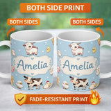Personalized Custom Name Cute Farm Animals Cow Goat Pig Chicken Blue Seamless Pattern Name 11oz Ceramic Coffee Tea Mug White Large Handle