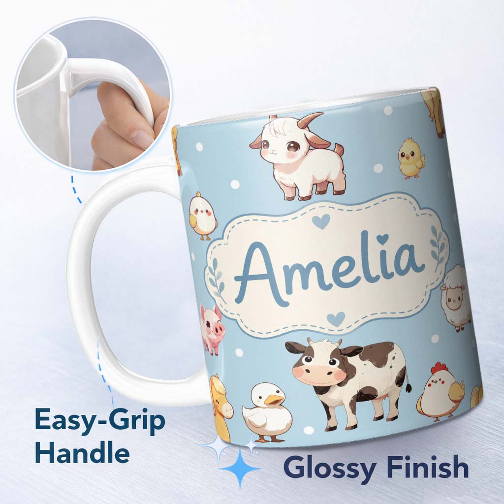 Personalized Custom Name Cute Farm Animals Cow Goat Pig Chicken Blue Seamless Pattern Name 11oz Ceramic Coffee Tea Mug White Large Handle