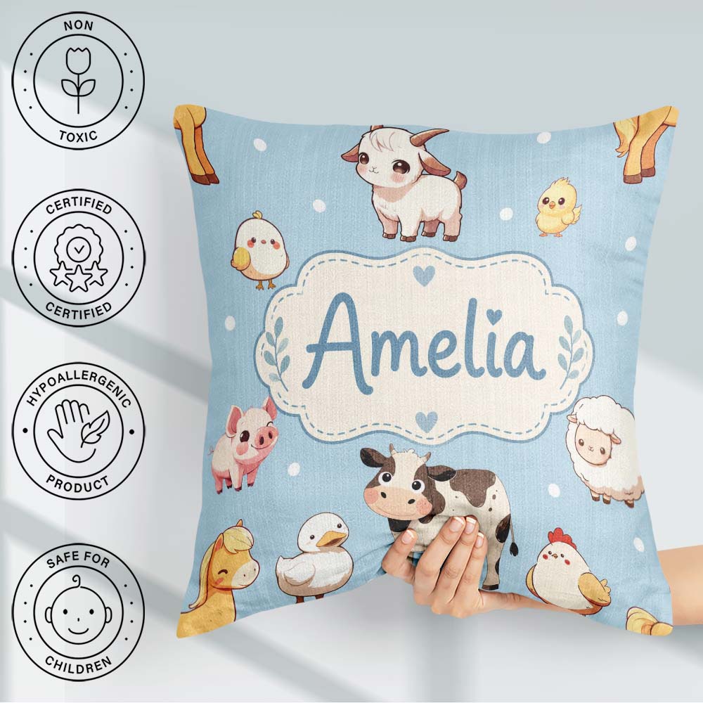Custom Name Farm Animals Cow Goat Pig Chicken Blue Seamless Name Square Filled Cushion Throw Pillow Sofa Bed Home Decor Zip Washable UK Made