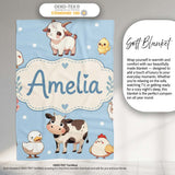 Cute Farm Animals Cow Goat Pig Chicken Blue Seamless Pattern Name  Personalised Custom Name Super Soft Fleece Blanket Bed Sofa Throw