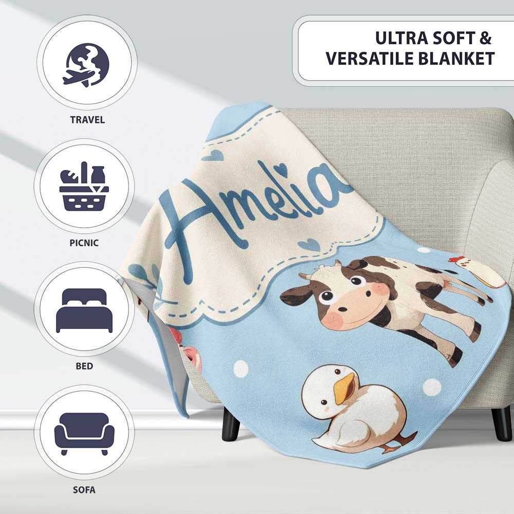 Cute Farm Animals Cow Goat Pig Chicken Blue Seamless Pattern Name  Personalised Custom Name Super Soft Fleece Blanket Bed Sofa Throw
