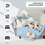 Cute Farm Animals Cow Goat Pig Chicken Blue Seamless Pattern Name  Personalised Custom Name Super Soft Fleece Blanket Bed Sofa Throw