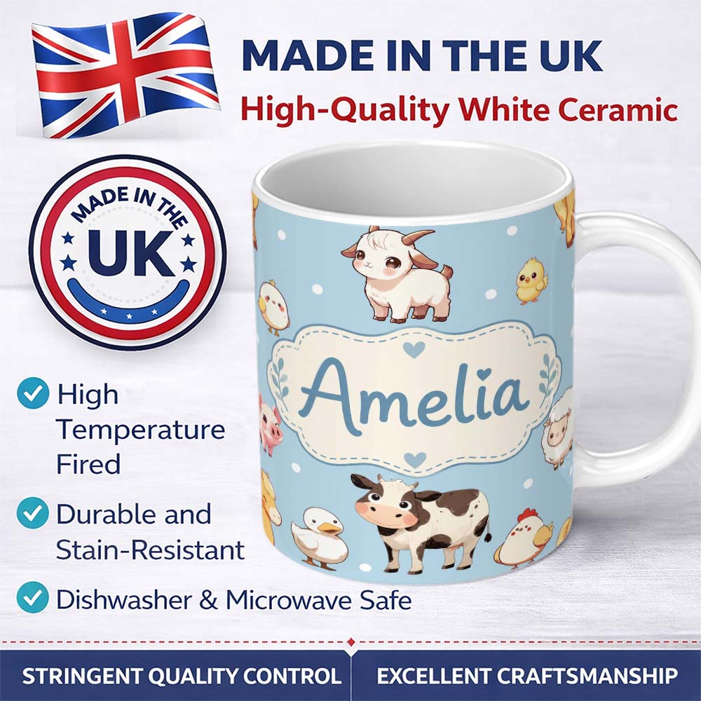 Personalized Custom Name Cute Farm Animals Cow Goat Pig Chicken Blue Seamless Pattern Name 11oz Ceramic Coffee Tea Mug White Large Handle
