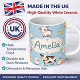 Personalized Custom Name Cute Farm Animals Cow Goat Pig Chicken Blue Seamless Pattern Name 11oz Ceramic Coffee Tea Mug White Large Handle