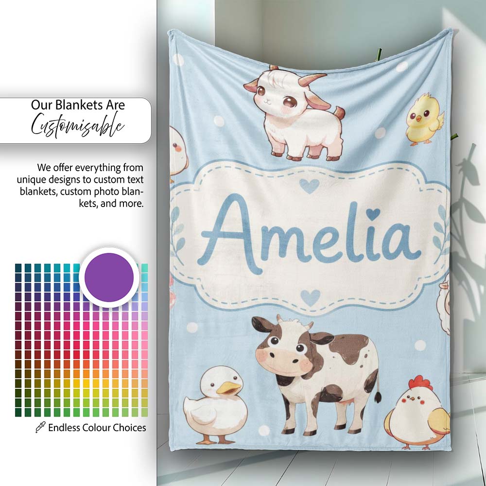 Cute Farm Animals Cow Goat Pig Chicken Blue Seamless Pattern Name  Personalised Custom Name Super Soft Fleece Blanket Bed Sofa Throw