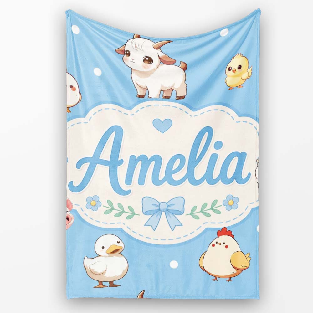 Cute Farm Animals Cow Goat Pig Chicken Blue Seamless Pattern Name  Personalised Custom Name Super Soft Fleece Blanket Bed Sofa Throw