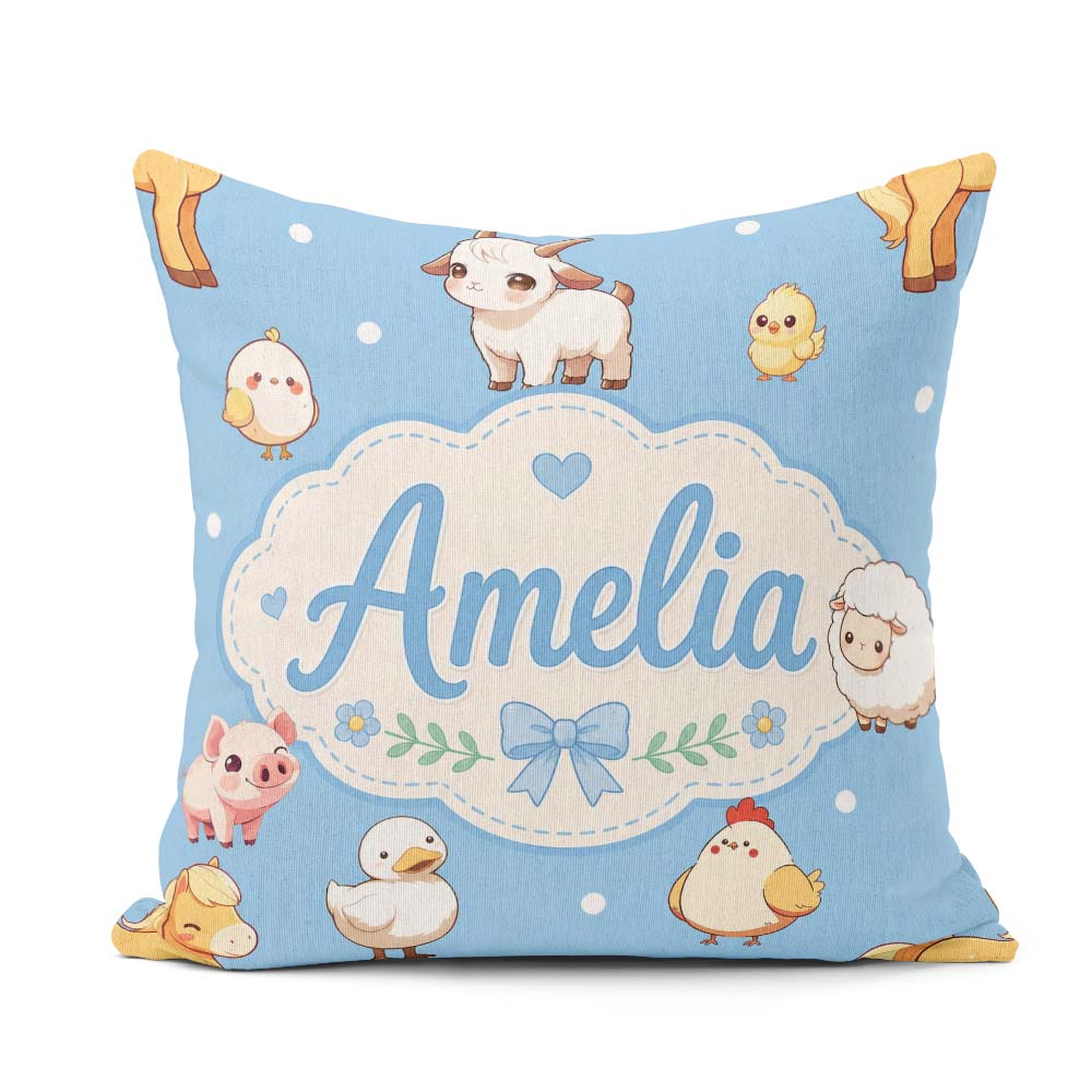 Custom Name Farm Animals Cow Goat Pig Chicken Blue Seamless Name Square Filled Cushion Throw Pillow Sofa Bed Home Decor Zip Washable UK Made