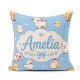 Custom Name Farm Animals Cow Goat Pig Chicken Blue Seamless Name Square Filled Cushion Throw Pillow Sofa Bed Home Decor Zip Washable UK Made