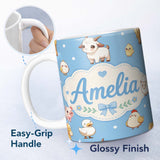 Personalized Custom Name Cute Farm Animals Cow Goat Pig Chicken Blue Seamless Pattern Name 11oz Ceramic Coffee Tea Mug White Large Handle