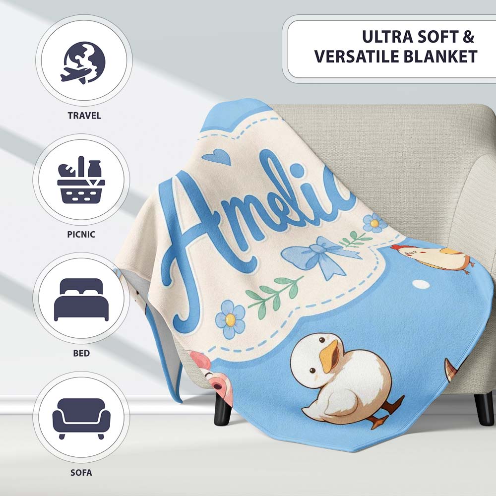 Cute Farm Animals Cow Goat Pig Chicken Blue Seamless Pattern Name  Personalised Custom Name Super Soft Fleece Blanket Bed Sofa Throw