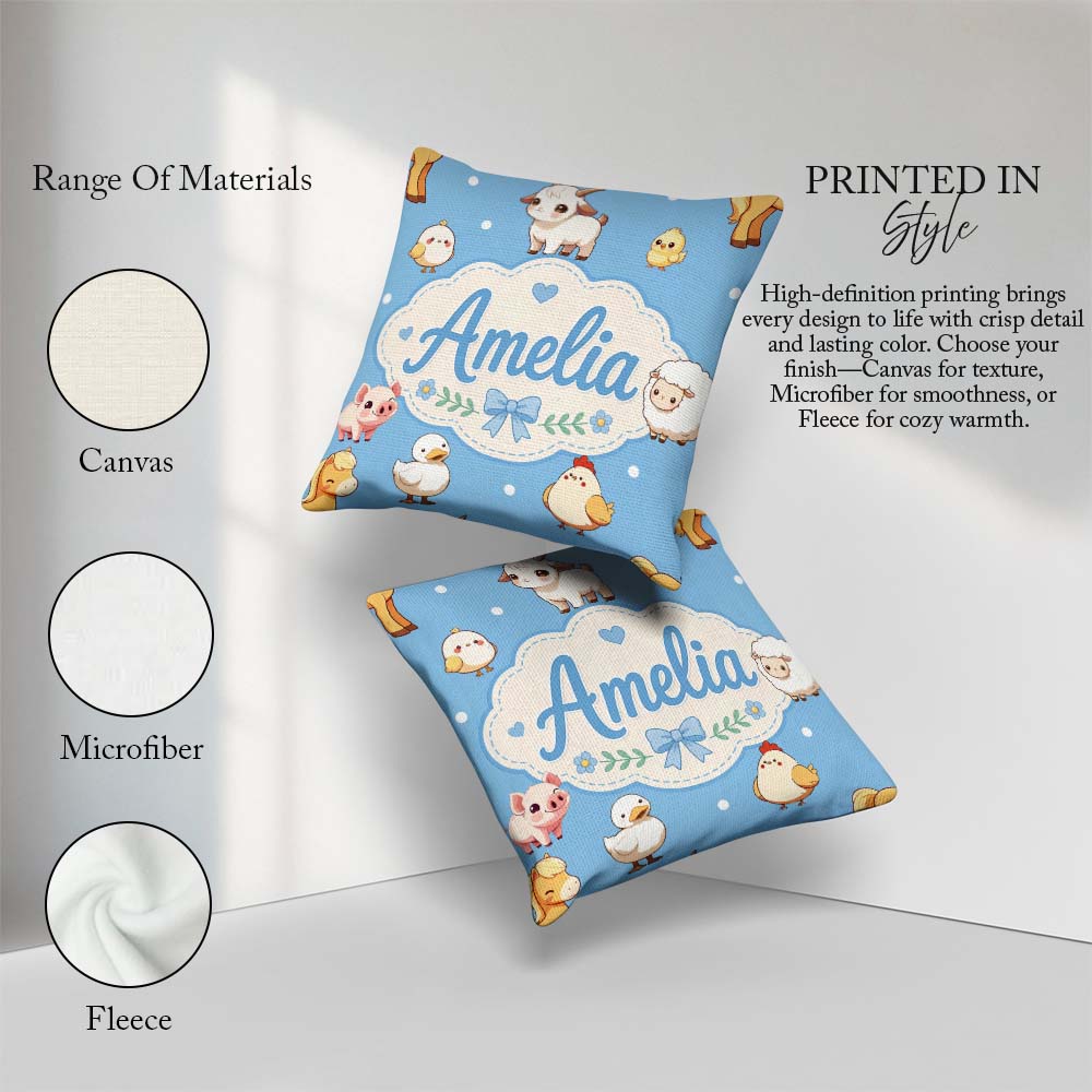 Custom Name Farm Animals Cow Goat Pig Chicken Blue Seamless Name Square Filled Cushion Throw Pillow Sofa Bed Home Decor Zip Washable UK Made