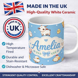 Personalized Custom Name Cute Farm Animals Cow Goat Pig Chicken Blue Seamless Pattern Name 11oz Ceramic Coffee Tea Mug White Large Handle