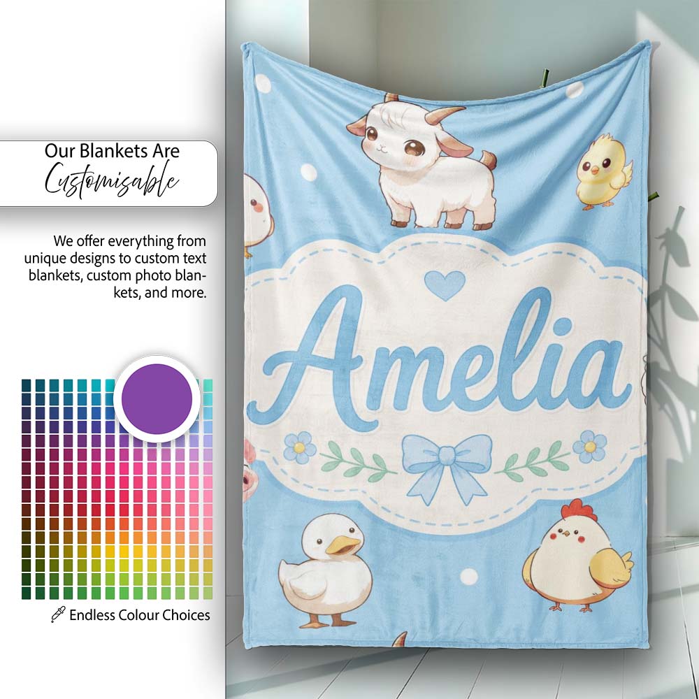 Cute Farm Animals Cow Goat Pig Chicken Blue Seamless Pattern Name  Personalised Custom Name Super Soft Fleece Blanket Bed Sofa Throw