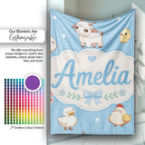 Cute Farm Animals Cow Goat Pig Chicken Blue Seamless Pattern Name  Personalised Custom Name Super Soft Fleece Blanket Bed Sofa Throw