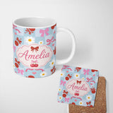 Personalized Custom Name Cute Cherry Bow Daisy Heart Seamless Pattern on Blue Gingham Lovely 11oz Ceramic Coffee Tea Mug White Large Handle
